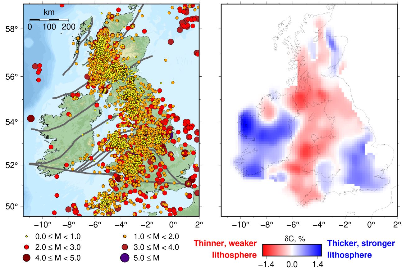 Two maps of the UK with data overlain. On the left are earthquake occurences and sizes. On the right is a map showing the lithosphere is thinner in western Britian.