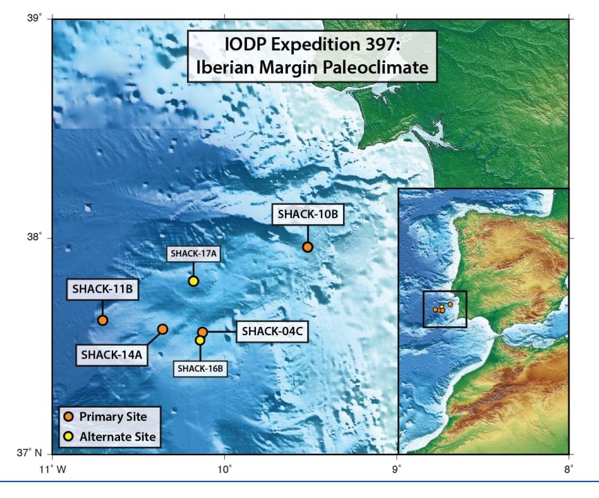 Map showing location of drill cores to be collected off the coast of Lisbon