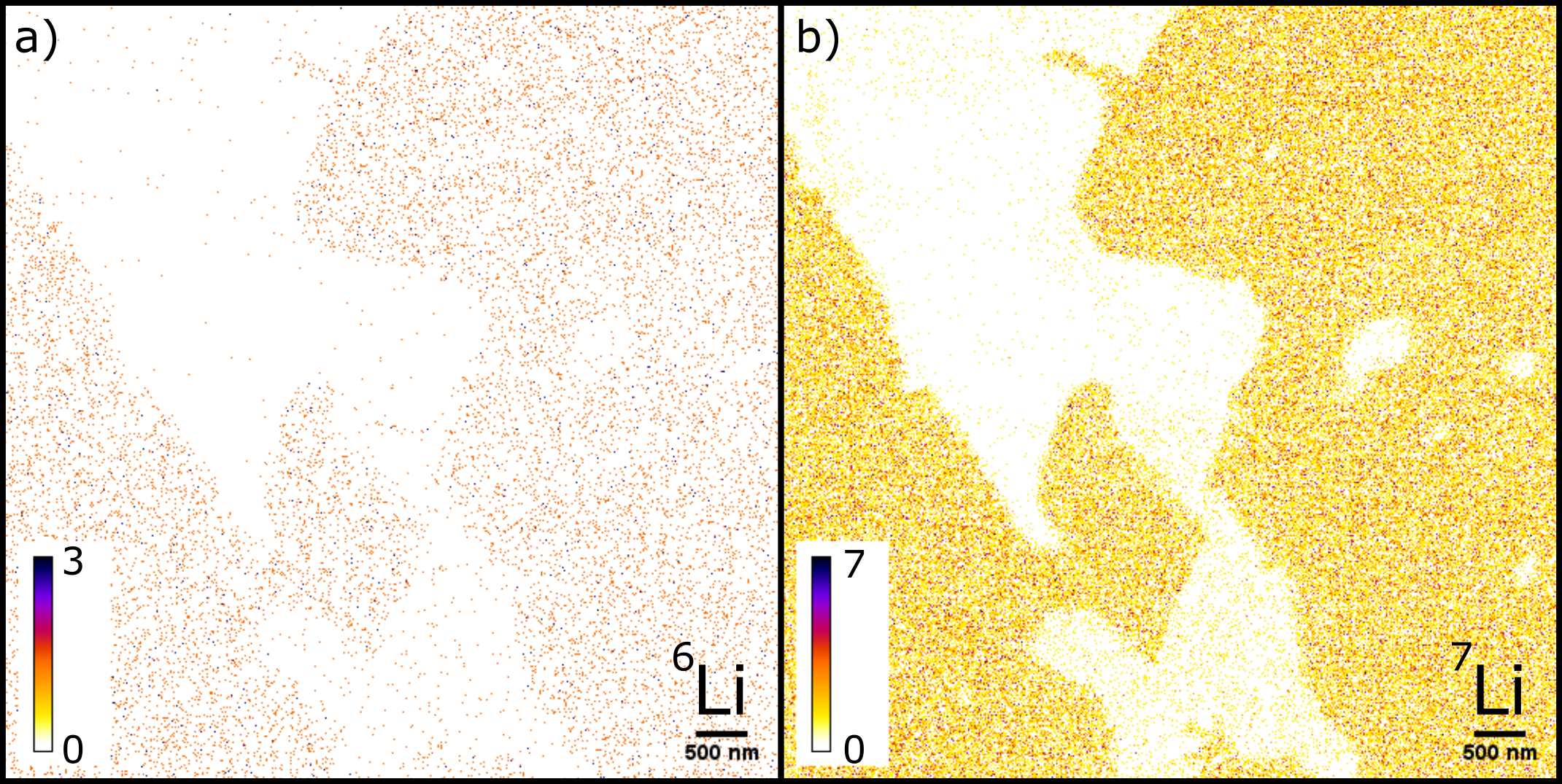 Images showing the nanonscale chemical maps of lithium in a sample of spodumene - a lithium bearing mineral. The maps allow isolated patches and veins of concentrated lithium to be picked out
