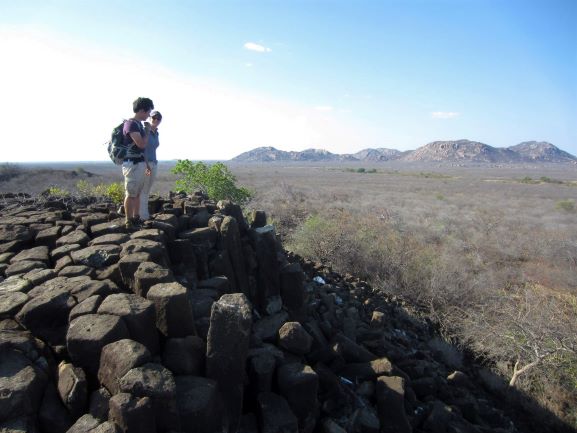 Marthe Klöcking and co-author André Guimarães in the Borborema province, Brazil, on the 8 million year old Cabelo de Negro volcanic edifice, showing columnar cooling structures; image credit Marthe Klöcking.