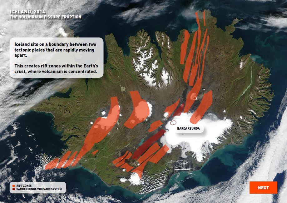 Satellite image of Iceland, which shows rift zones and volcanic systems, highlighting the location of the Bárðarbunga volcano.