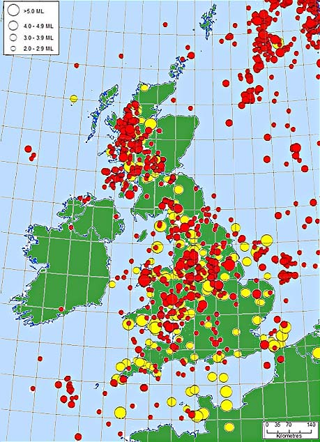 A map of the UK showing the locations of historical earthquakes, coloured by magnitude.