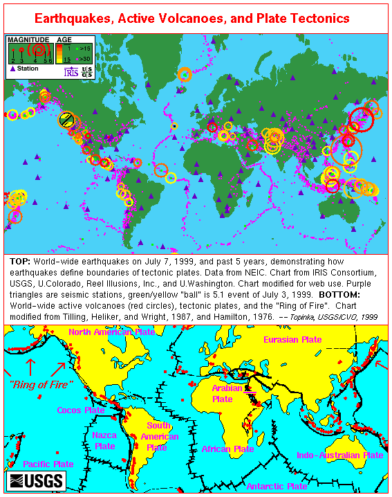 A map of the world showing the location of plate boundaries, volcanoes, and earthquakes.