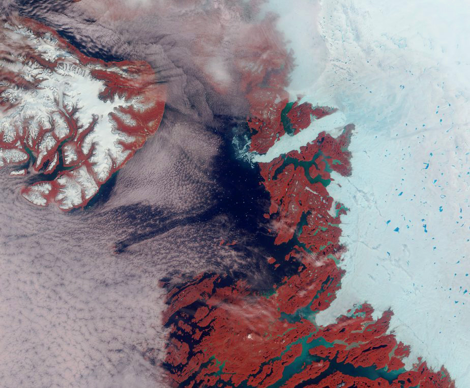 False-colour view of the area surrounding the Jakobshavn Glacier on the western coast of Greenland. 