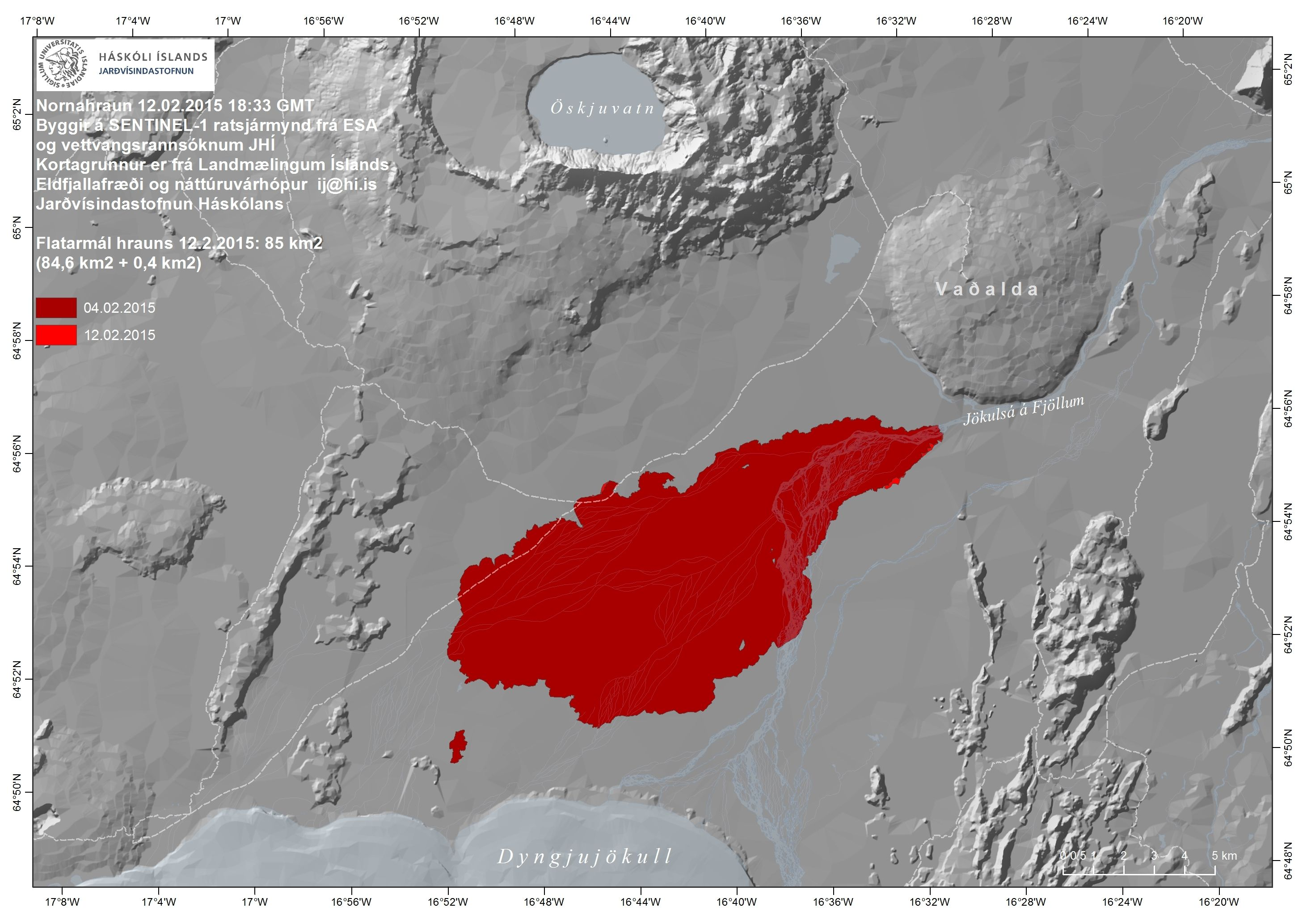 A map showing the extent of the Bárðarbunga-Holahraun lava flow.