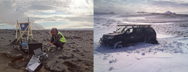  (Venstre) En Cambridge volcano seismolog som betjener et seismometer utplassert på sandplain med vulkansk gassplume i bakgrunnen, og (til høyre) en 4 x 4 kjøretøy off-roading i snøen.