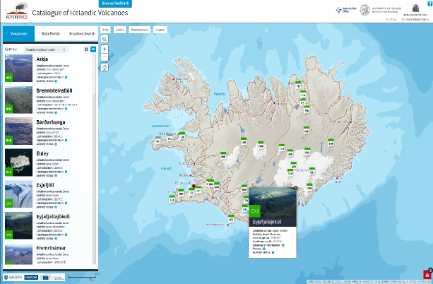 A screenshot of the FutureVolc Islandic volcanoes page