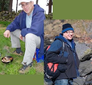Andy in the field, seen here cooking a meal, top left, and before a rocky outcrop, bottom right.