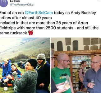 Dr Liz Hide's tweet for Andy's last day, featuring a fieldtrip photo and a photo from his leaving drinks,