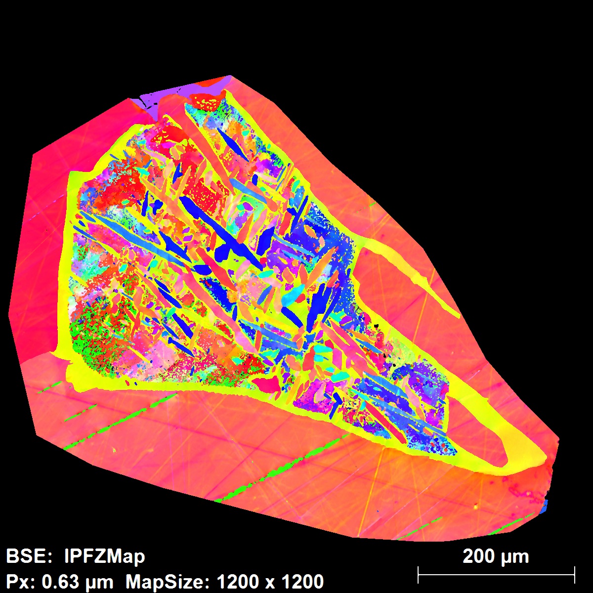 Electron Backscatter Diffraction (EBSD) image of the Odessa IAB iron meteorite, showing the internal Widmanstätten microstructure formed during slow cooling of the metal over millions of years in the interior of the meteorite's parent asteroid.