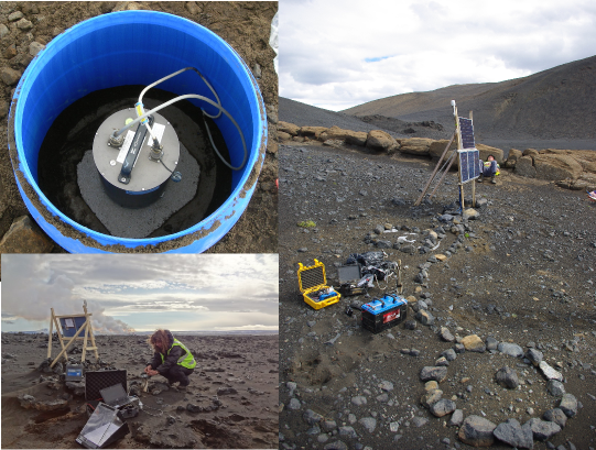 Multi-photo panel showing a ground-deployed seismometer, and the deployment set-up of seismometer and solar panel power supply.