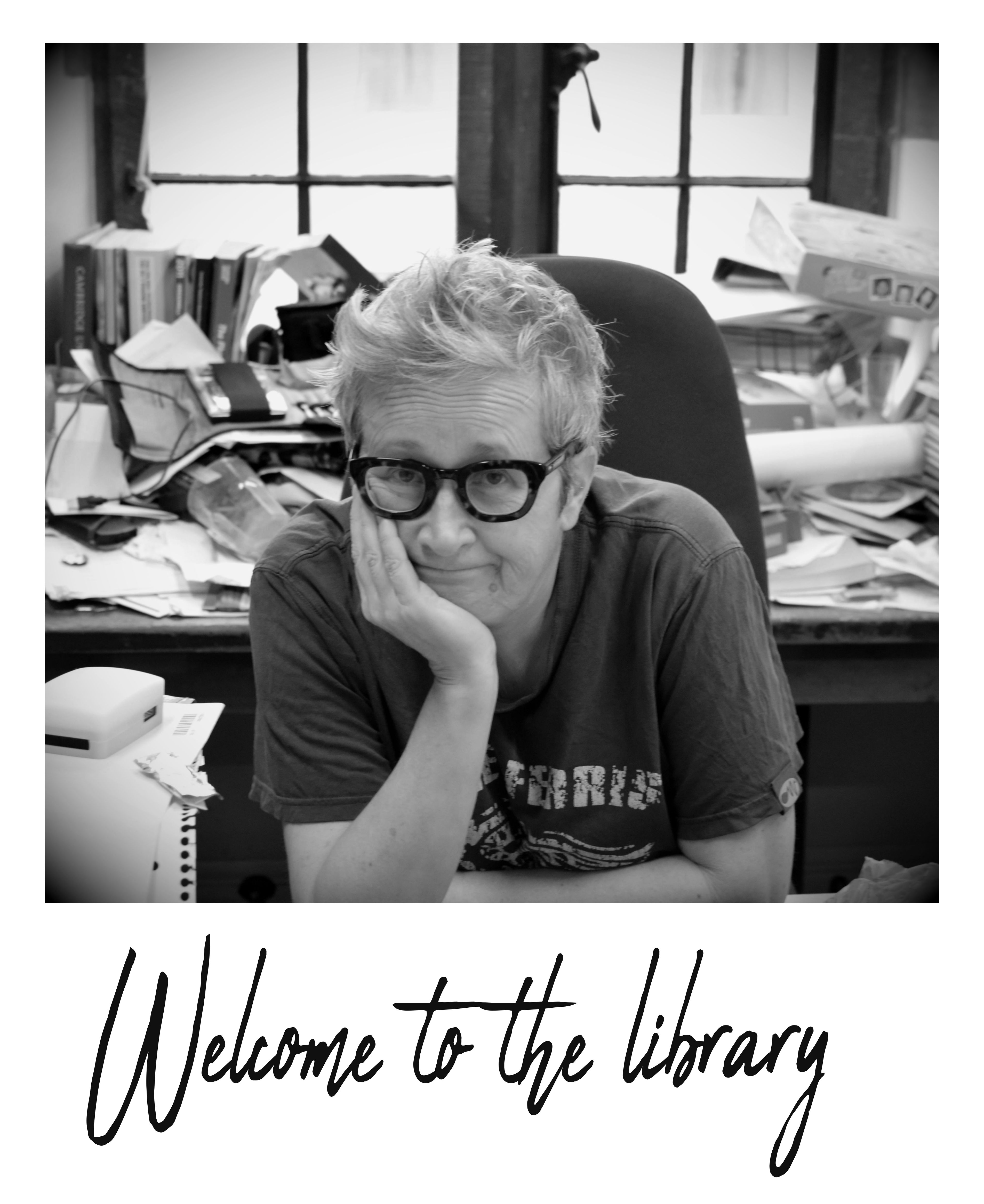 Picture of the librarian and the words welcome to the library