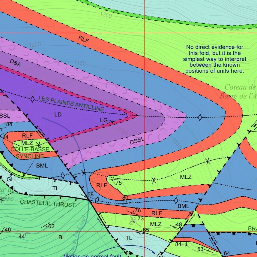 Close up of Peter Methley's colourful geological map of the Castellane region, southeast France 