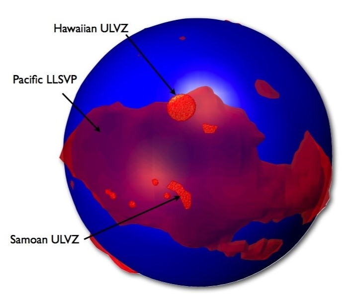 A visualisation of Earth's interior, showing smaller red blobs representing ULVZs. They are overlain onto a larger splodge which represents the Pacific large low shear velocity province.