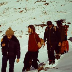 From the Part II Scotland field trip at Easter 1974. Peter Friend is third in the line, Graham Chinner is far right.