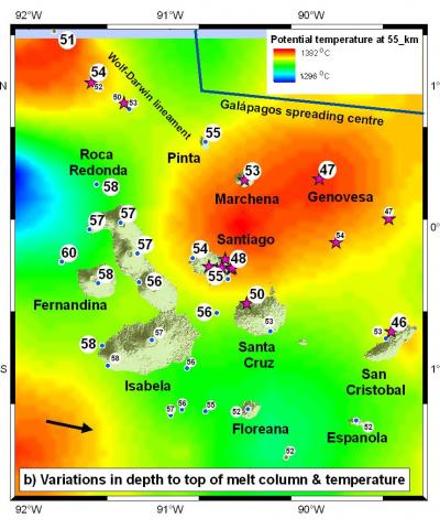 Variation in lithospheric thickness (depth to top of melt column) and magma type in the Galapagos archipelago (purple stars are depleted tholeiites). From Gibson & Geist (2010).