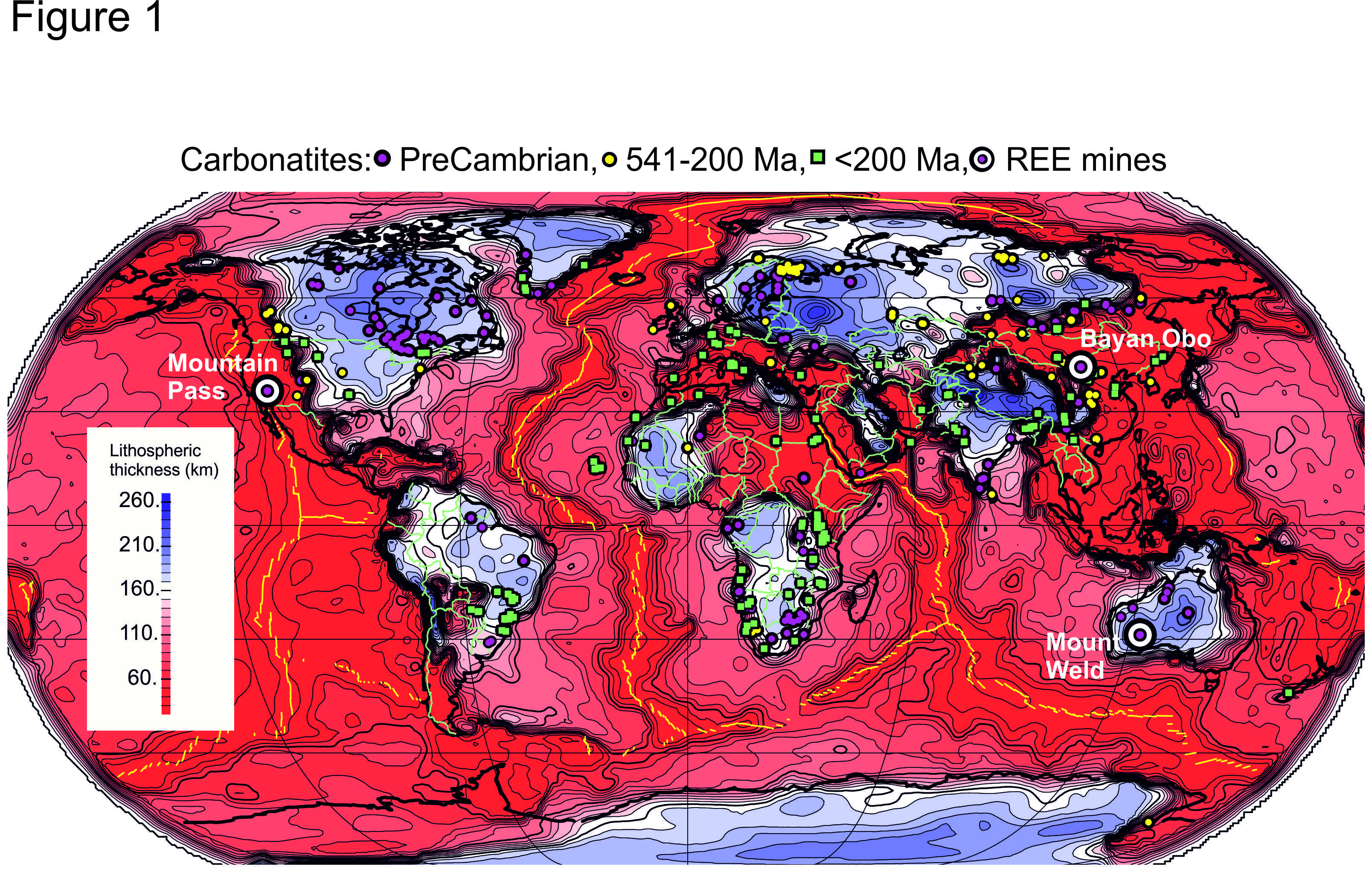 Global distribution of carbonatites and lithospheric thickness