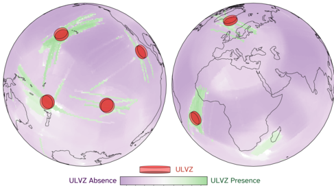 Two maps side by side showing green lines on a purple background. Red dots overlain on the green transects indicate the position of ULVZ