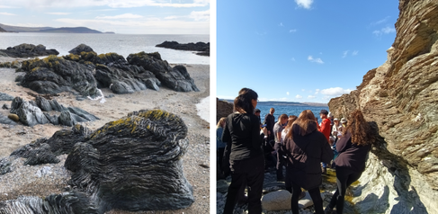 Photo on left shows rocks on a beach containing curvilinear layers. On the right, a group of students are huddled looking at the rocks.
