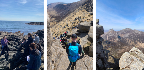 Photos showing students on a foreshore and on right descending a steep path with views on to mountains in the distance