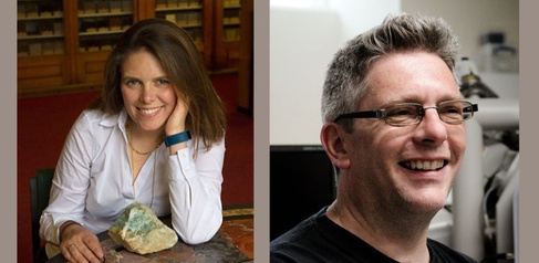 Two photos: one on left showing woman sat at table with a rock in front of her and on right a man sat in a lab