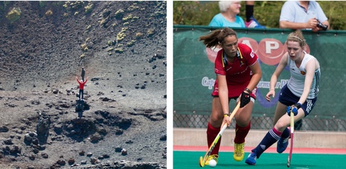 Two photos: on left, photo of a person stood in the centre of a volcanic crater. On right, two women playing hockey.