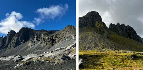 Two photos of volcanic landscapes, showing dark jagged mountains and green grass in foreground