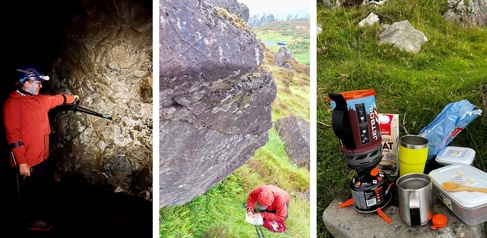 three photos. On left, photo of woman underground, pointing at cave wall. Middle photo shows woman crouching by rock outcrop. On right, Frankie's field tea break set-up