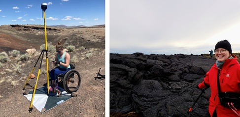 Two photos: on left, woman using wheelchair sets up GPS. On right, woman stood on lava flow, pointing with crutch. 