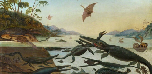 Painting of Ancient Dorsetshire 'Duria Antiquior' by Robert Farren, showing a range of sea creatures snapping away at fish alongside a forested coast.
