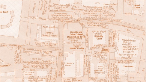 Close up image of the building stone survey of Cambridge, with different stone types annotated on the map