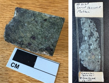 A close up photo of a green rock on the left, containing flecks of brown. On the right is a photo of a thin section with annotation saying 'diamond in it'