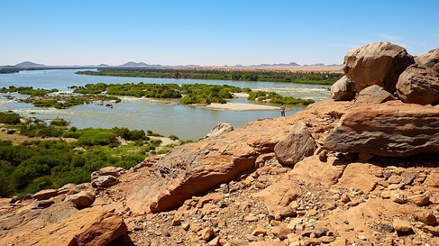 Photo showing a man standing beside the River Nile