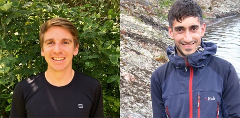 Image of, on the left, a man stood smiling in front of shrubbery and on the right stood smiling in front of a rock