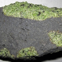 Grey volcanic rock containing exotic green nodule: you can see the pistachio green olivine crystals they are made of