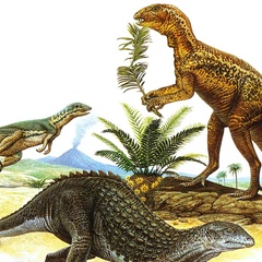Illustration of three  dinosaurs with volcano erupting in background