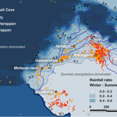 Map showing location of cave in Himalayas, with rainfall contours overlain