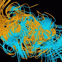 Model illustration showing threads of blue and yellow coming out of Earth