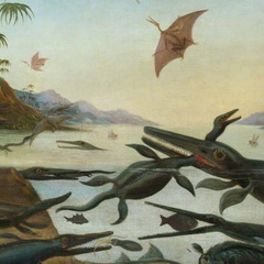 Painting of Ancient Dorsetshire 'Duria Antiquior' by Robert Farren, showing a range of sea creatures snapping away at fish alongside a forested coast.