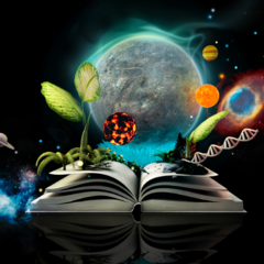 Illustration showing an open book with planets and plants sprouting out of it. In the background is a larger planet and galaxy