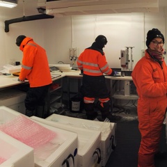 Image of Dorethea in the lab with two other scientists, they are wearing orange polar gear and sorting through ice cores