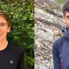 Image of, on the left, a man stood smiling in front of shrubbery and on the right stood smiling in front of a rock