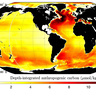Global climate model, a map showing black landmasses surrounded by yellow-orange oceans