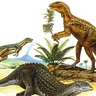 Illustration of three  dinosaurs with volcano erupting in background