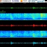 Live stream seismic data, showing three time series, at the top a green line and beneath red and blue lines. They have periodic wiggles showing seismic shaking.