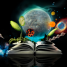 Illustration showing an open book with planets and plants sprouting out of it. In the background is a larger planet and galaxy