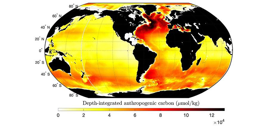 Global climate model, a map showing black landmasses surrounded by yellow-orange oceans