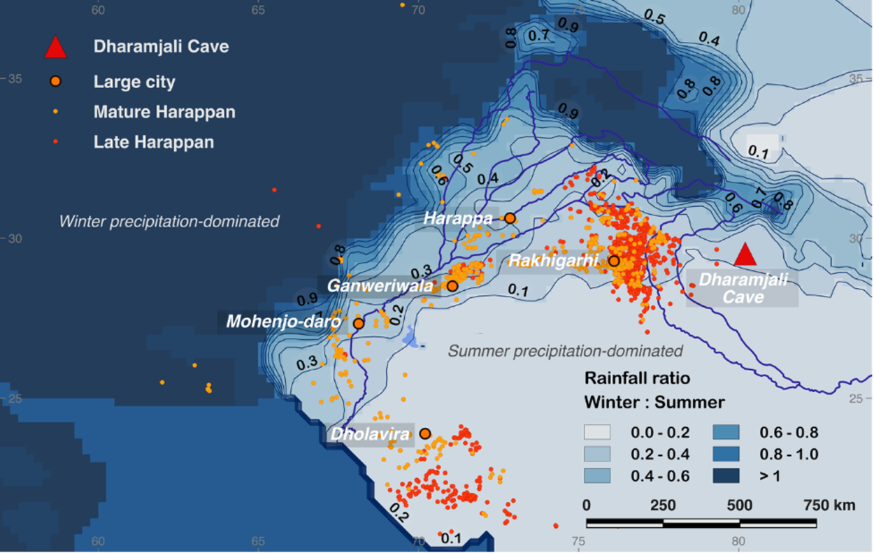 Map showing location of cave in Himalayas, with rainfall contours overlain
