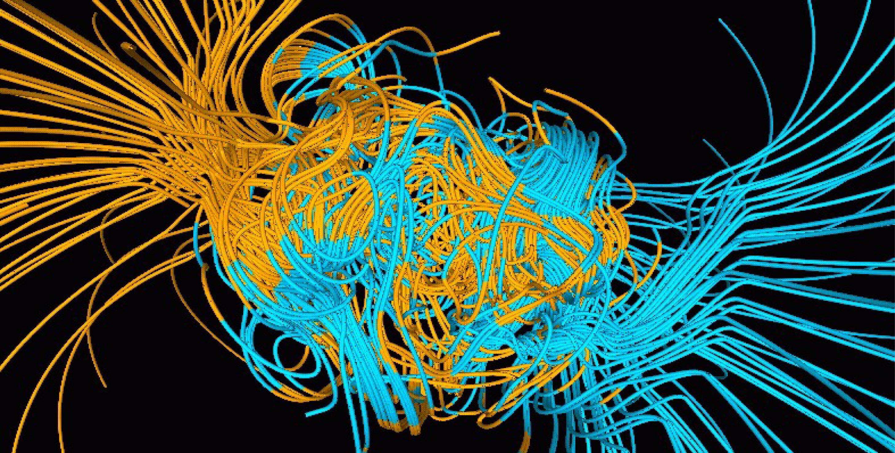 Earth's geodynamo before reversal, Wikipedia Commons Model illustration showing threads of blue and yellow coming out of Earth