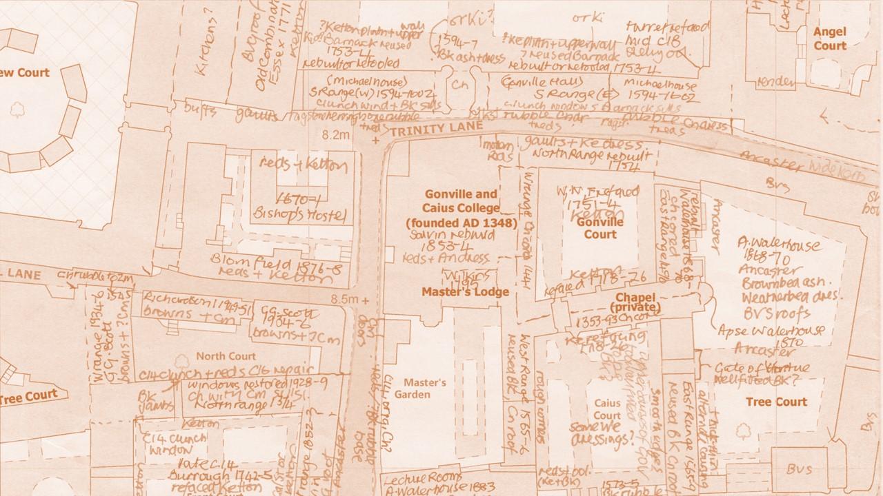 Close up of the new building stone survey of Cambridge Close up image of the building stone survey of Cambridge, with different stone types annotated on the map